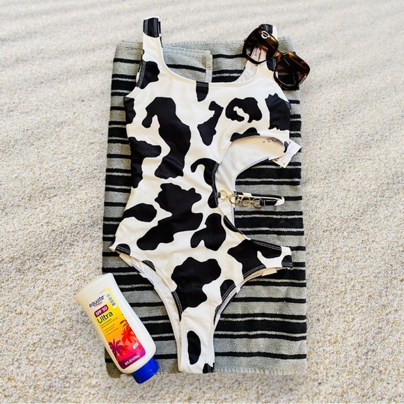 REVOLVE Other - Cow Print Black and White One Piece High Waisted Bottoms and Cut Out Side